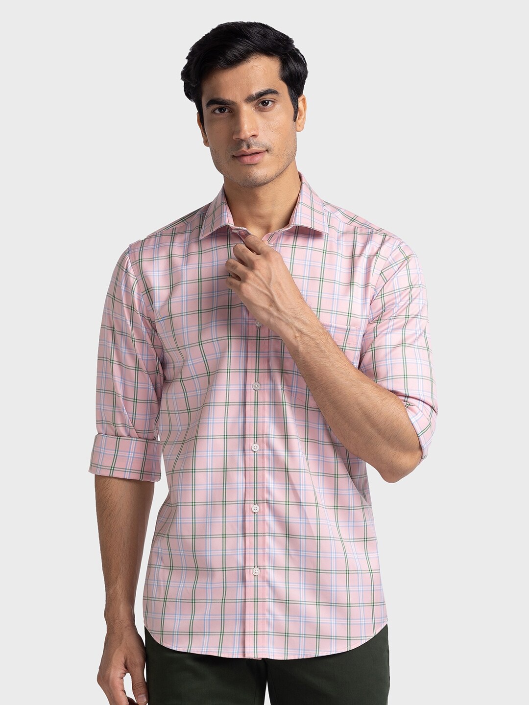 

ColorPlus Tailored Fit Checked Pure Cotton Casual Shirt, Pink