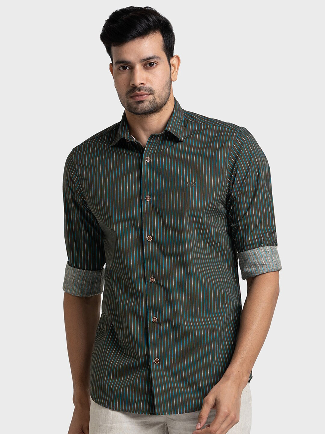 

ColorPlus Tailored Fit Striped Pure Cotton Casual Shirt, Green