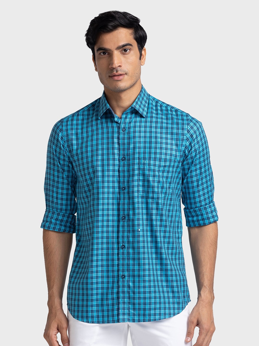 

ColorPlus Spread Collar Tailored Fit Checked Casual Shirt, Blue