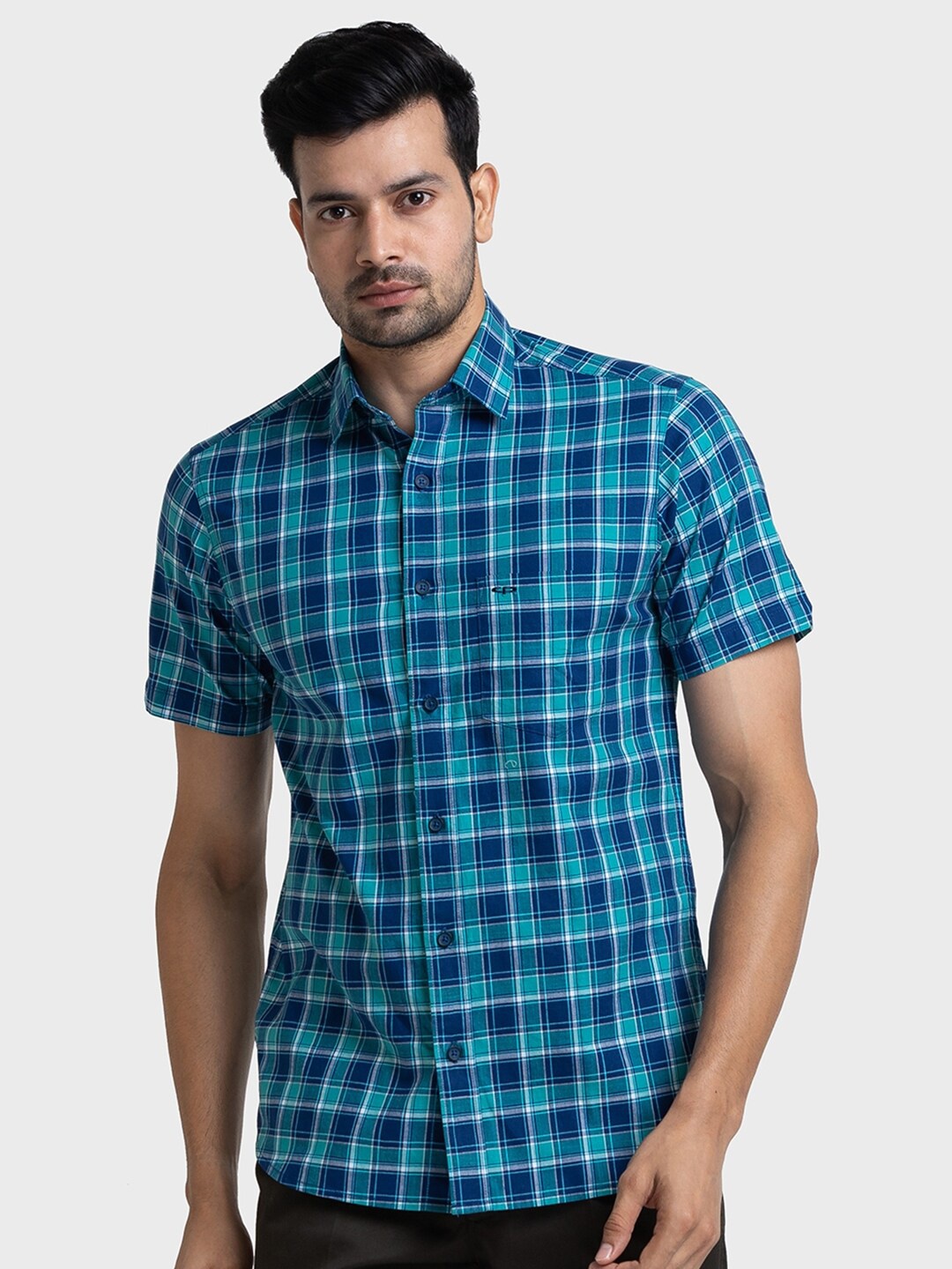 

ColorPlus Tailored Fit Tartan Checked Pure Cotton Casual Shirt, Blue