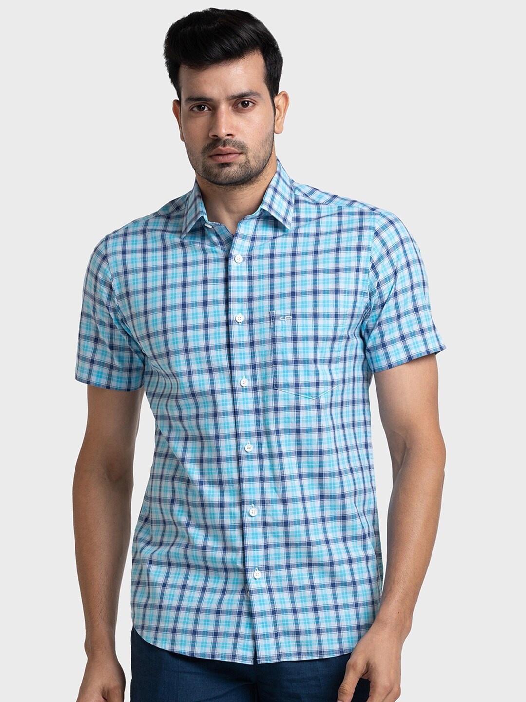 

ColorPlus Tailored Fit Opaque Checked Casual Pure Cotton Shirt, Blue