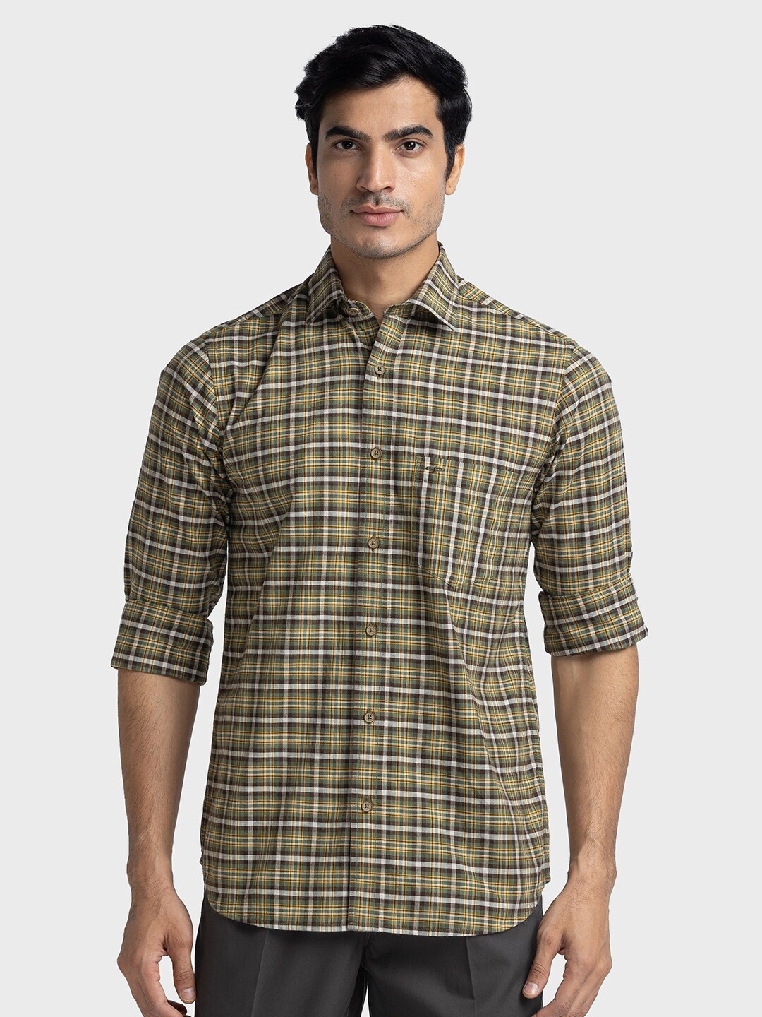 

ColorPlus Tartan Checked Tailored Fit Pure Cotton Casual Shirt, Olive