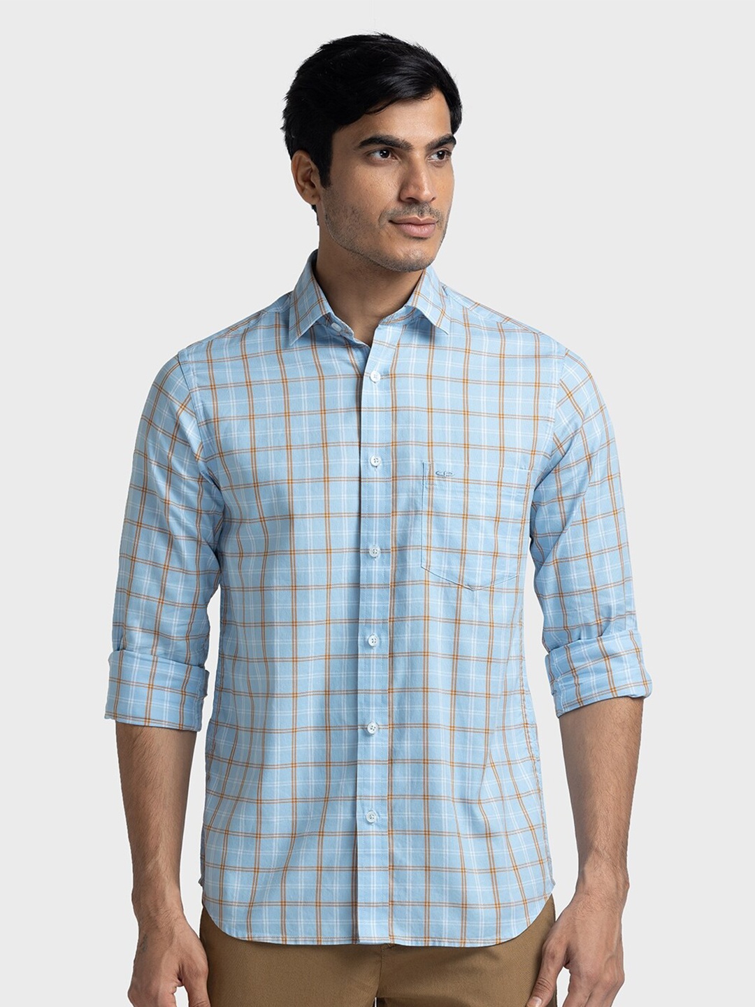 

ColorPlus Checked Spread Collar Tailored Fit Pure Cotton Shirt, Blue