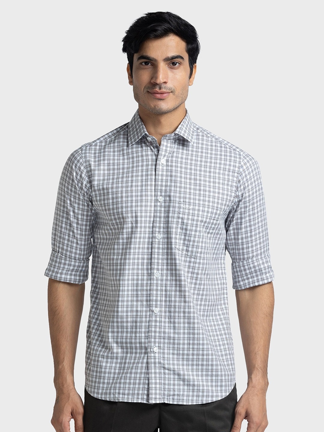 

ColorPlus Spread Collar Tailored Fit Checked Pure Cotton Casual Shirt, Grey