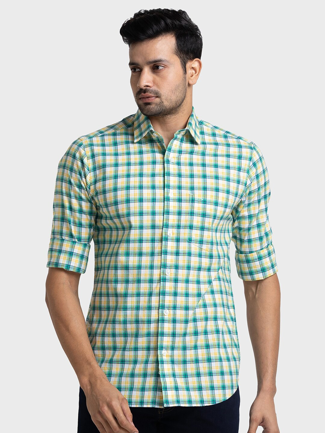 

ColorPlus Tailored Fit Opaque Checked Casual Pure Cotton Shirt, Green