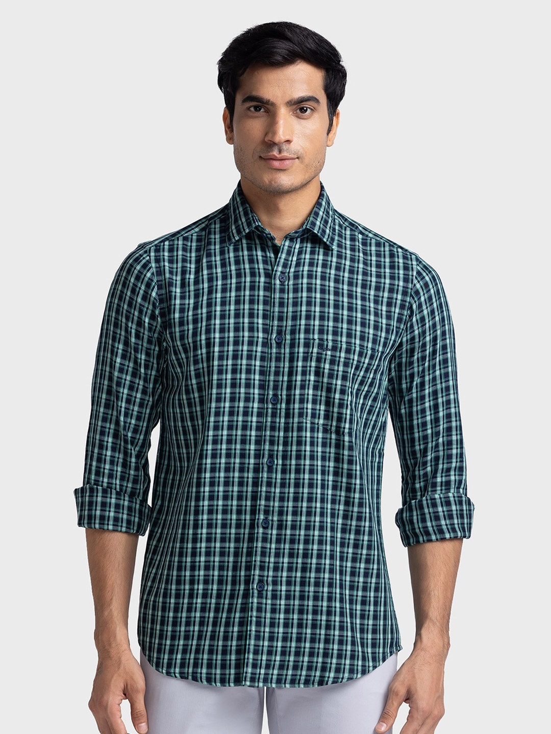

ColorPlus Spread Collar Tailored Fit Checked Pure Cotton Casual Shirt, Green