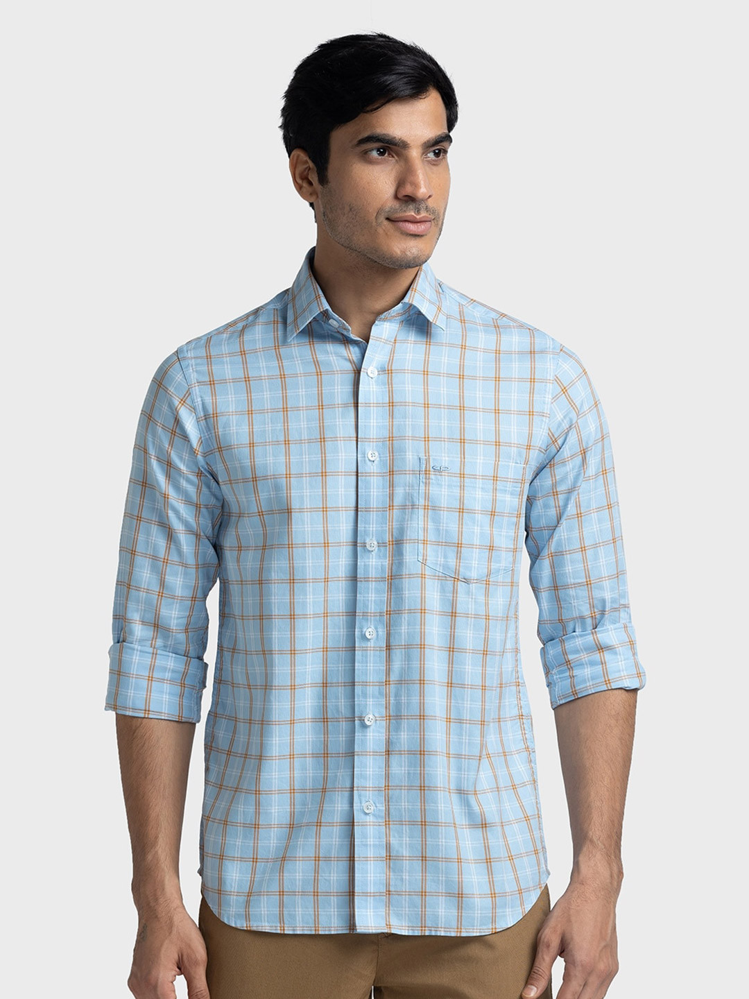 

ColorPlus Spread Collar Tailored Fit Checked Pure Cotton Casual Shirt, Blue