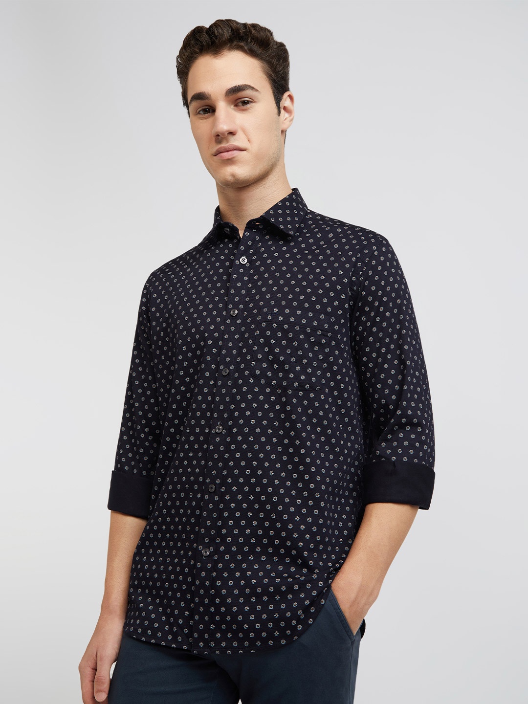 

ColorPlus Tailored Fit Micro Disty Printed Pure Cotton Casual Shirt, Black