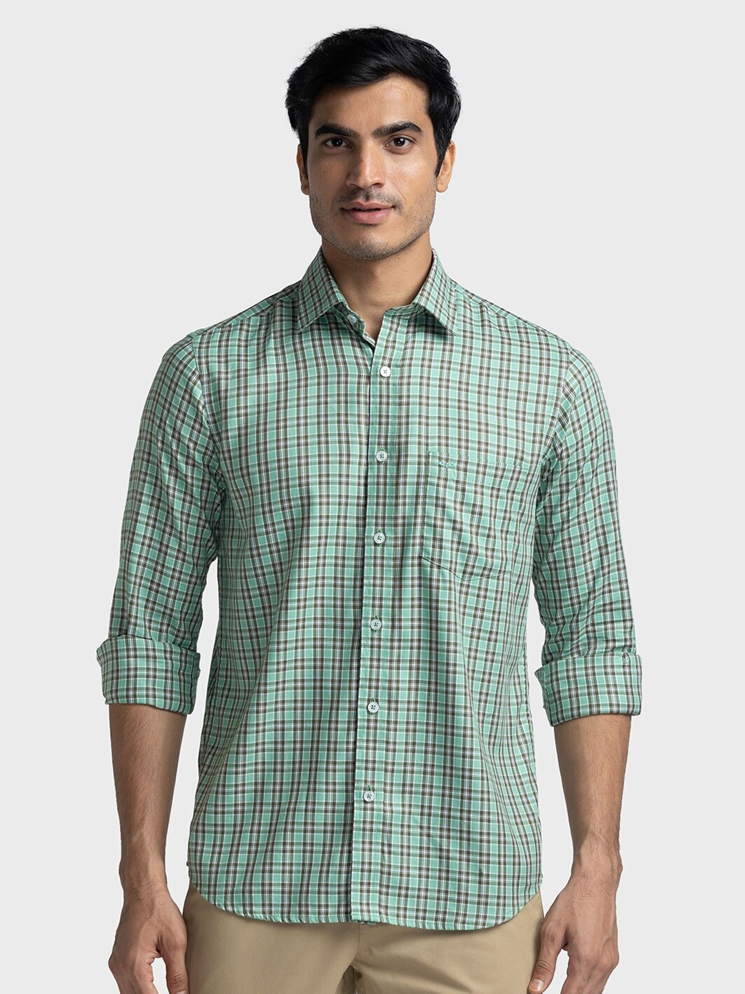 

ColorPlus Checked Spread Collar Casual Shirt, Green