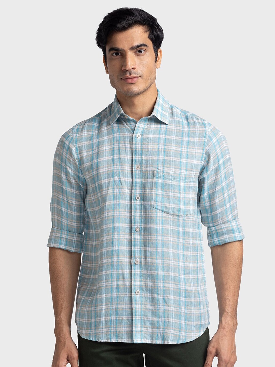 

ColorPlus Tailored Fit Checked Pure Cotton Casual Shirt, Blue