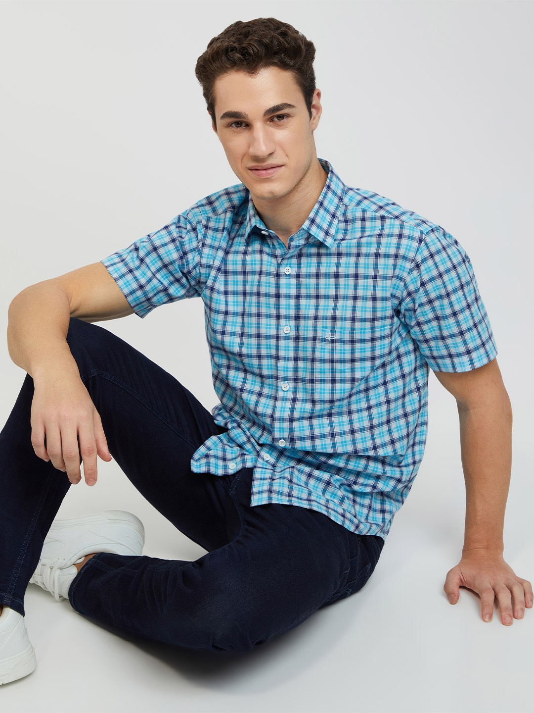 

ColorPlus Tailored Fit Opaque Checked Casual Pure Cotton Shirt, Blue