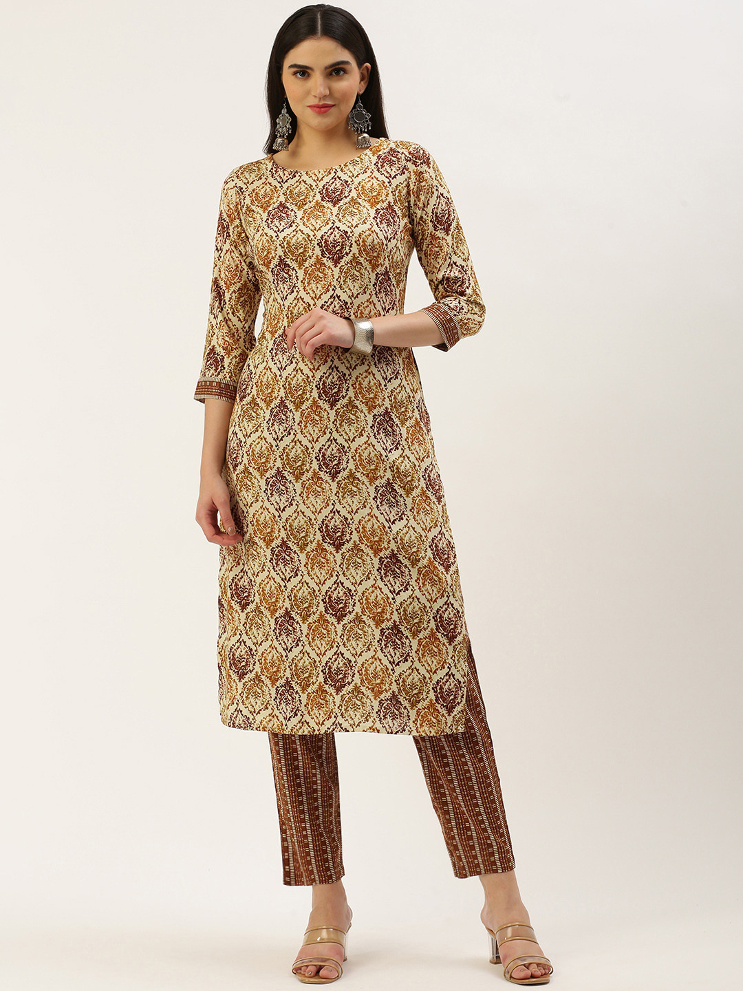 

Saanjh Women Ethnic Motifs Printed Regular Kurta with Trousers, Cream