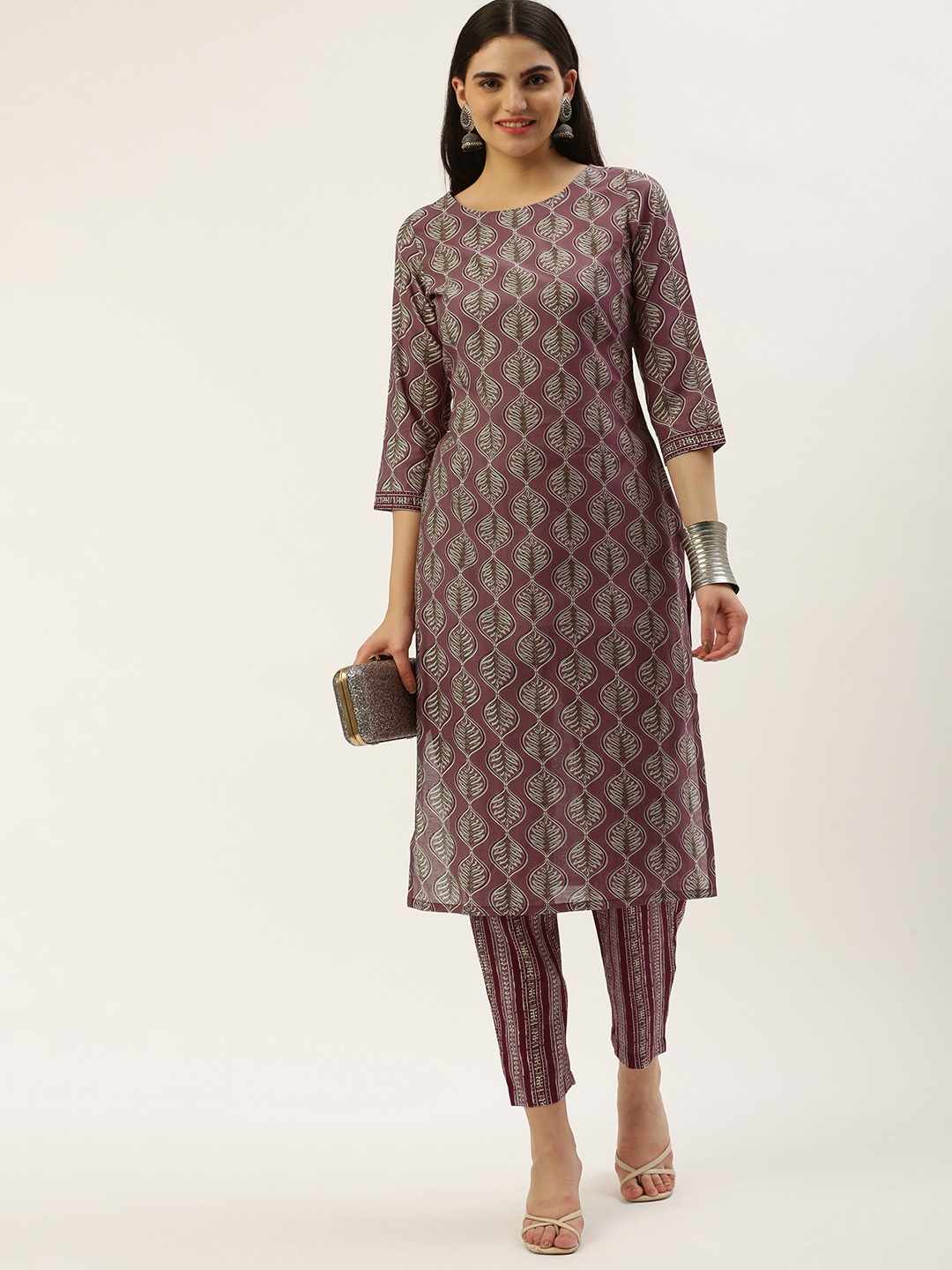 

Saanjh Ethnic Motifs Printed Regular Chanderi Cotton Kurta With Trousers, Mauve