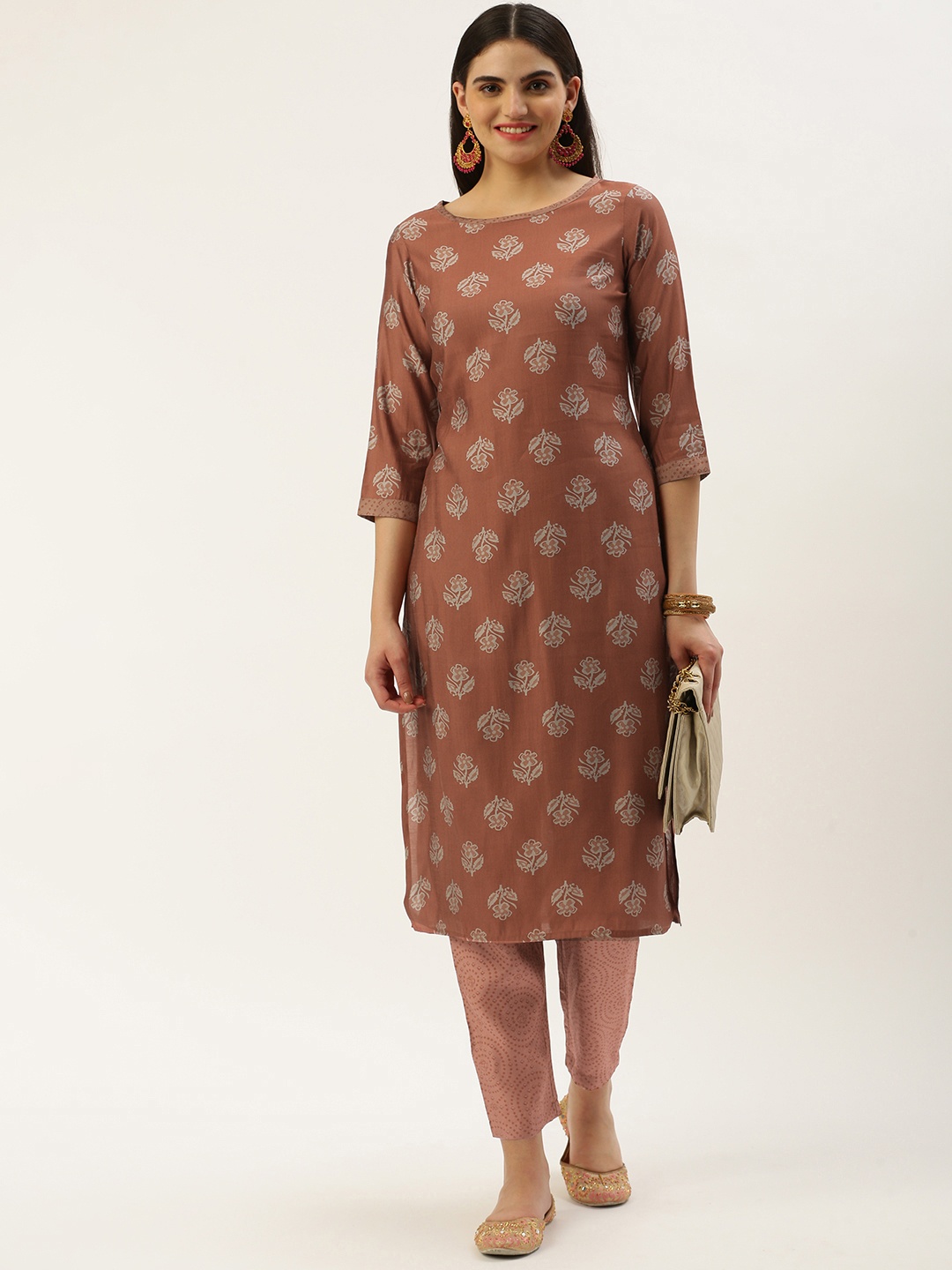 

Saanjh Floral Printed Regular Chanderi Cotton Kurta with Trousers, Rust