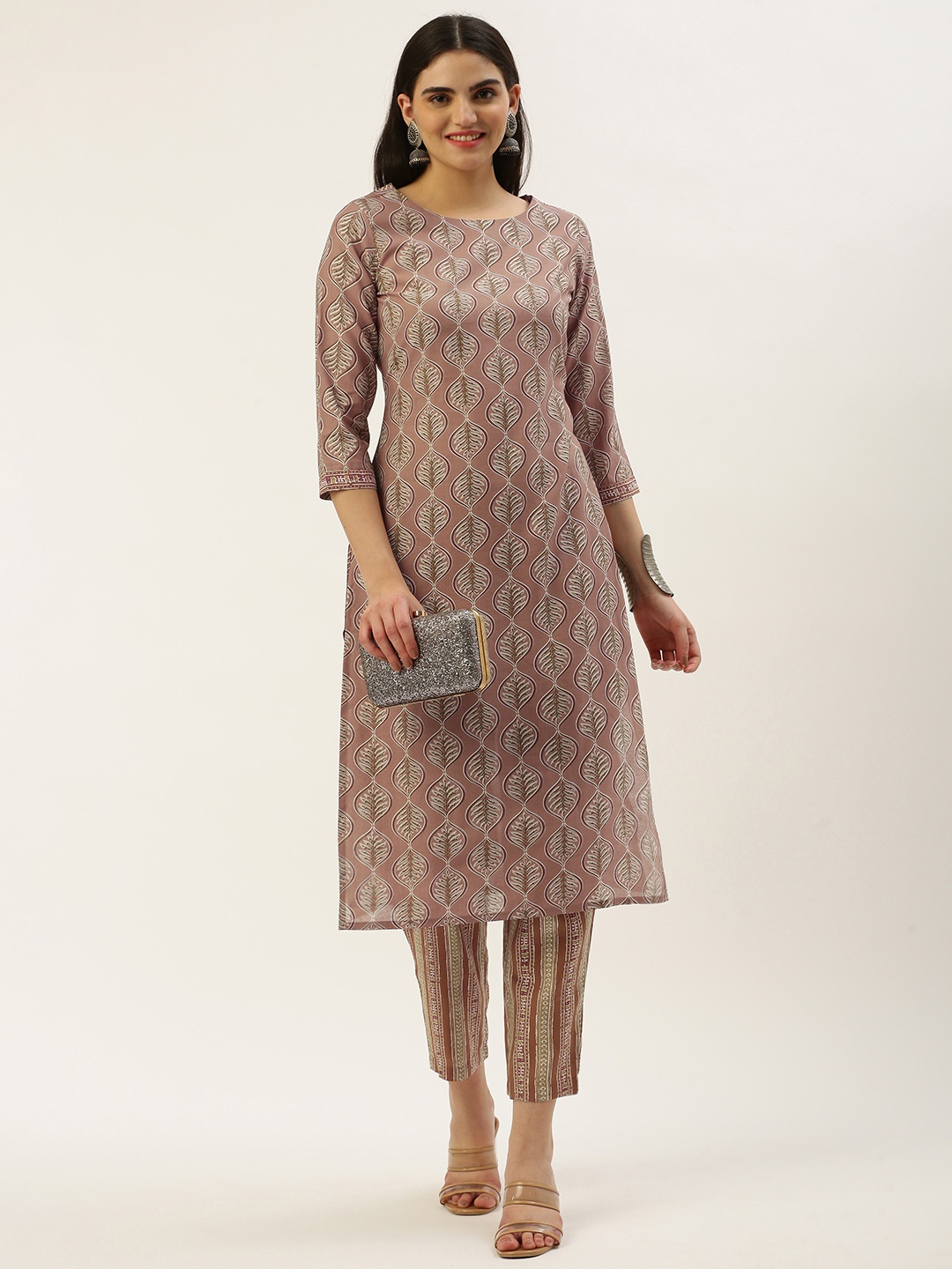 

Saanjh Ethnic Motifs Printed Regular Chanderi Cotton Kurta with Trousers, Rust