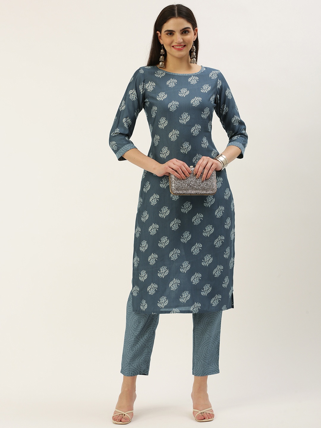 

Saanjh Floral Printed Regular Chanderi Cotton Kurta With Trousers, Grey