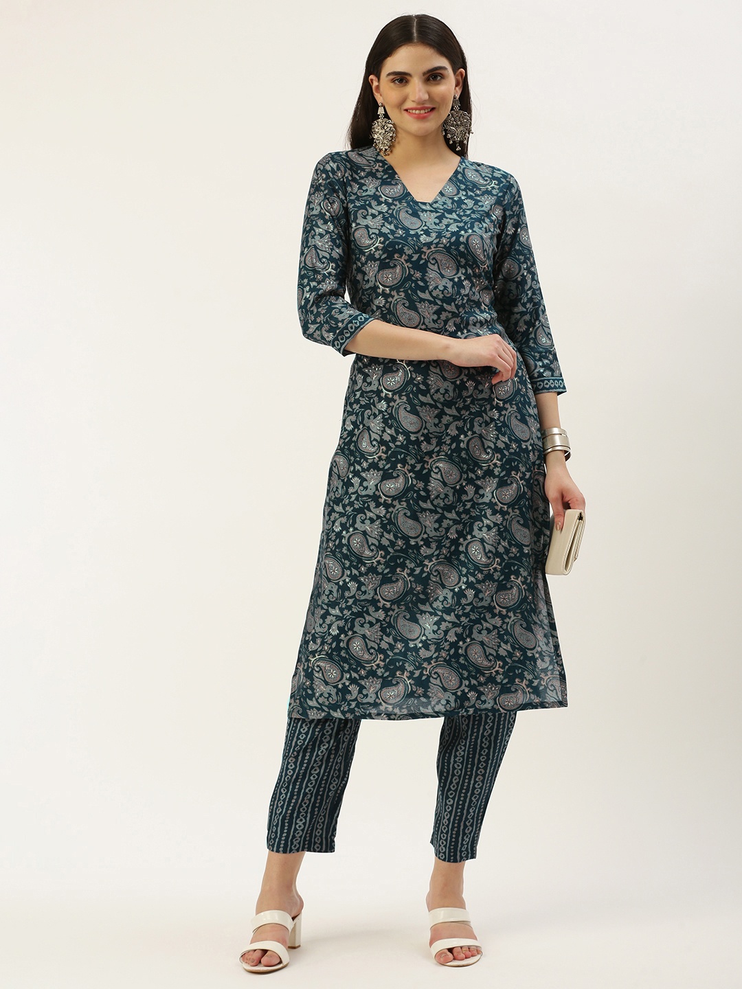 

Saanjh Paisley Printed Regular Chanderi Cotton Kurta With Trousers, Teal