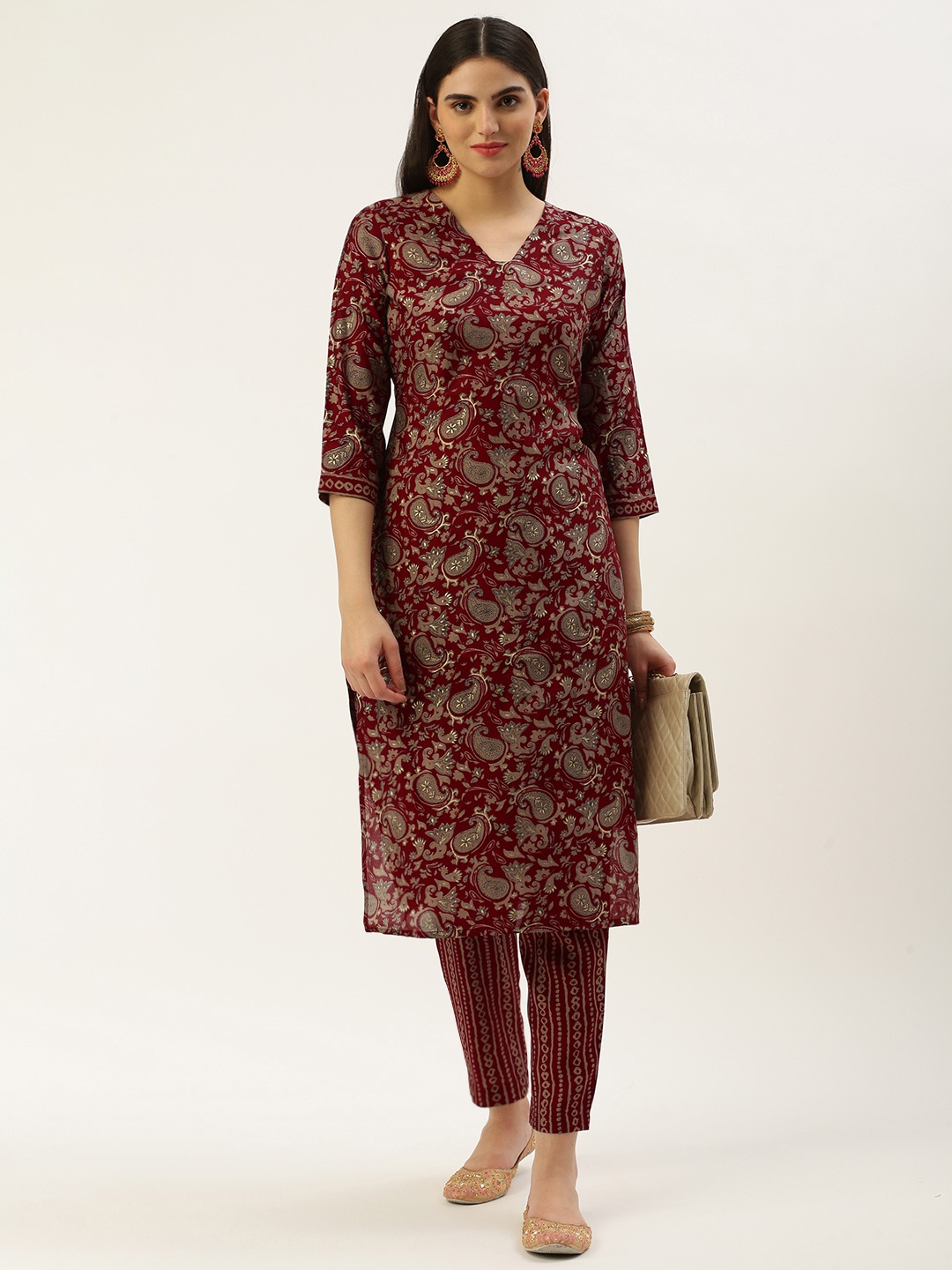 

Saanjh Paisley Printed Regular Chanderi Cotton Kurta With Trousers, Maroon
