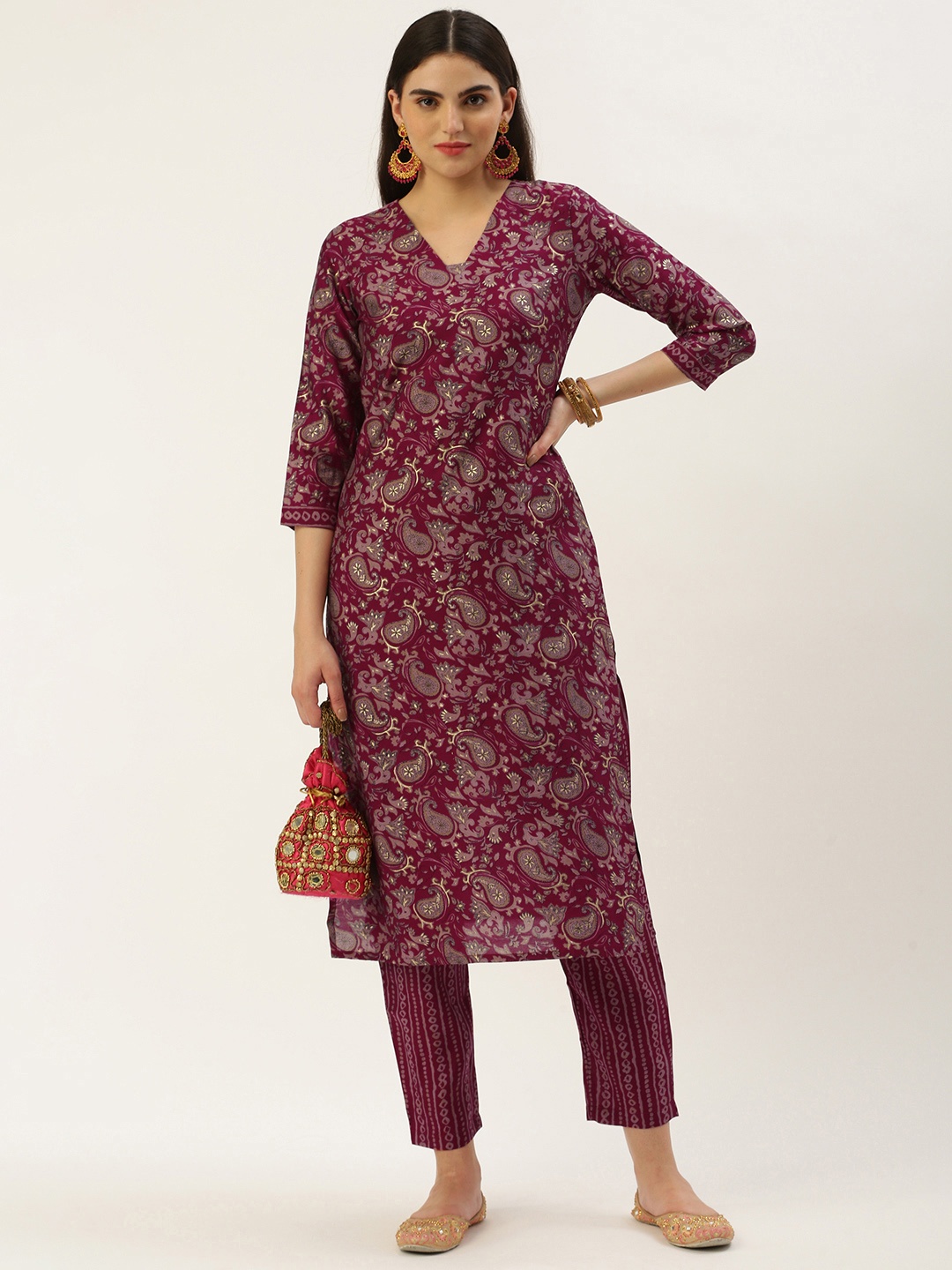 

Saanjh Paisley Printed Regular Chanderi Cotton Kurta With Trousers, Magenta