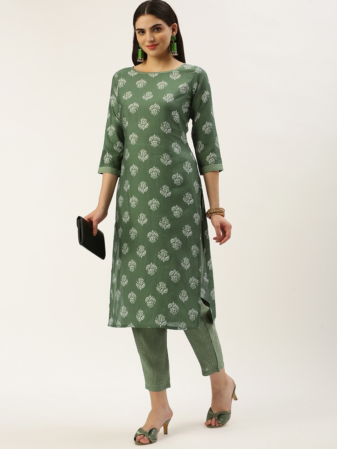 

Saanjh Floral Printed Regular Chanderi Cotton Kurta with Trousers, Green