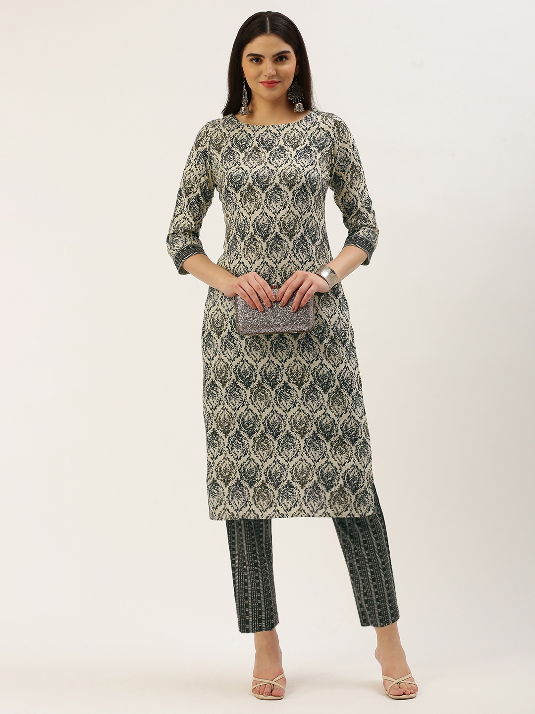 

Saanjh Ethnic Motifs Printed Regular Kurta With Trousers, Cream