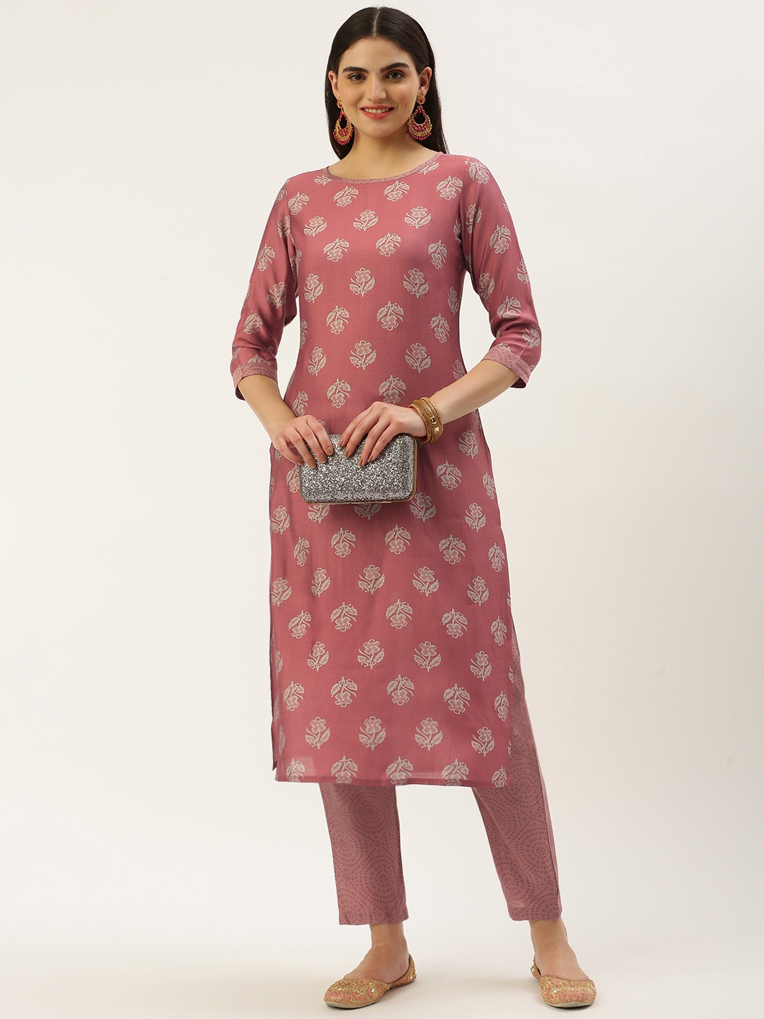 

Saanjh Floral Printed Regular Chanderi Cotton Kurta with Trousers, Pink