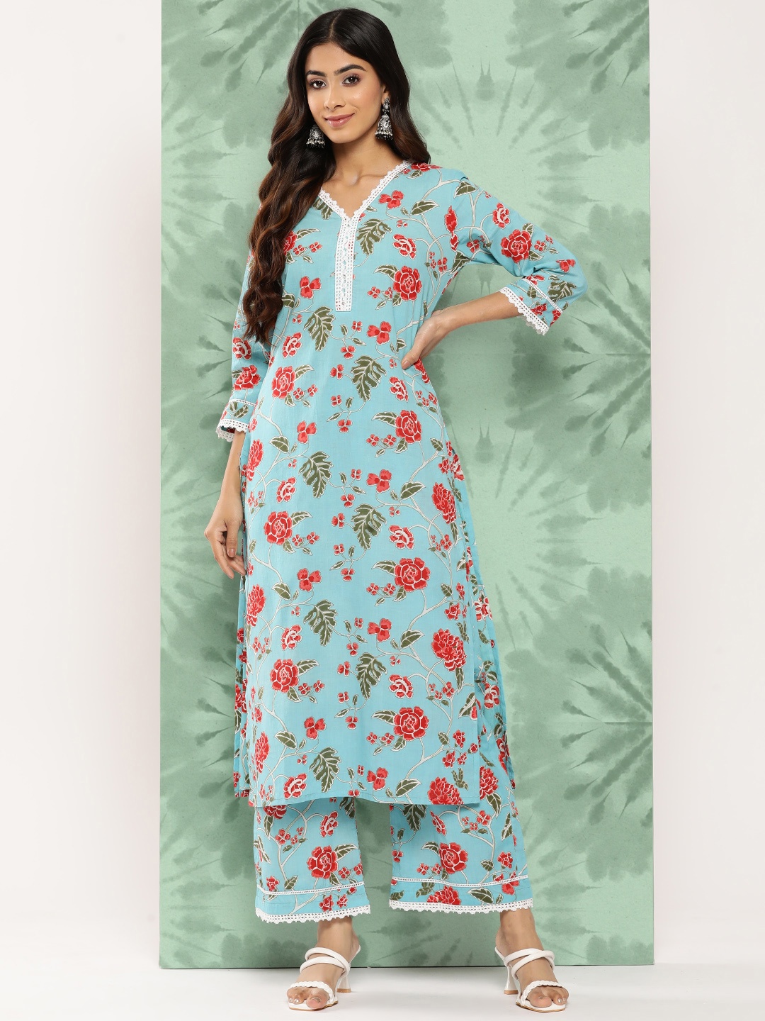 

Janasya Pure Cotton Floral Printed Regular Tunic with Palazzos, Blue