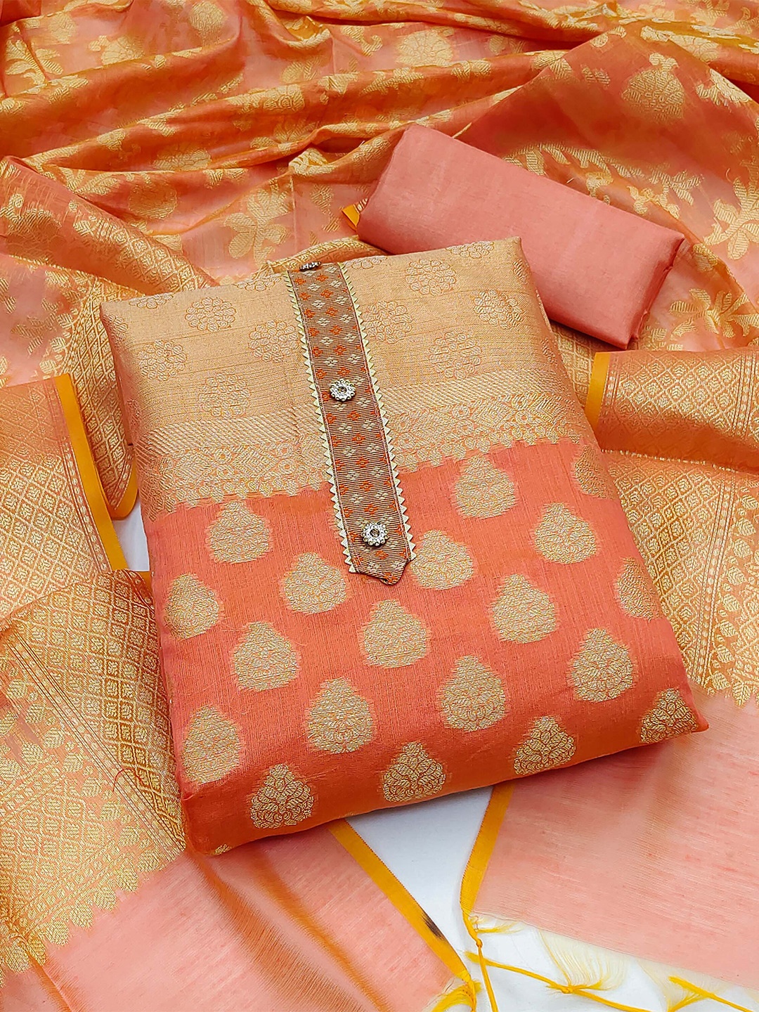 

KALINI Ethnic Motif Woven Design Banarasi Jacquard Unstitched Dress Material, Peach