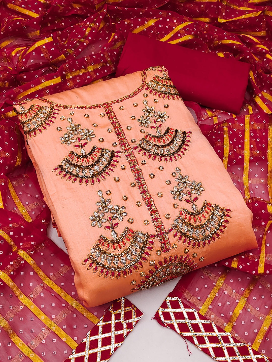 

KALINI Ethnic Motifs Embroidered Unstitched Dress Material, Peach