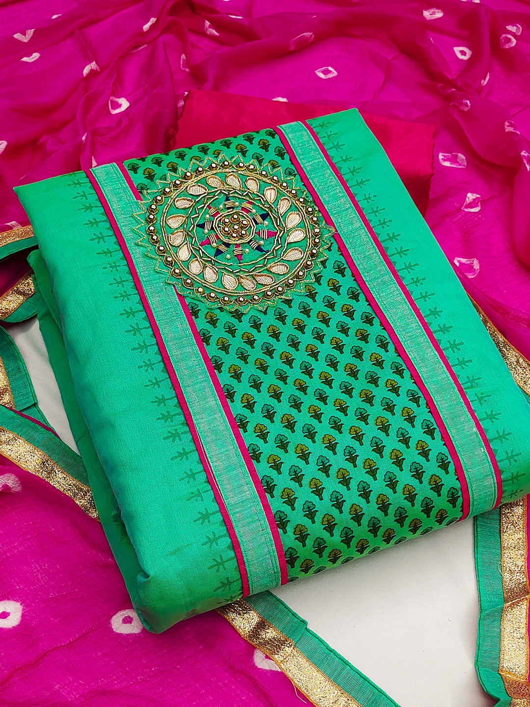 

KALINI Floral Embroidered Unstitched Dress Material, Green