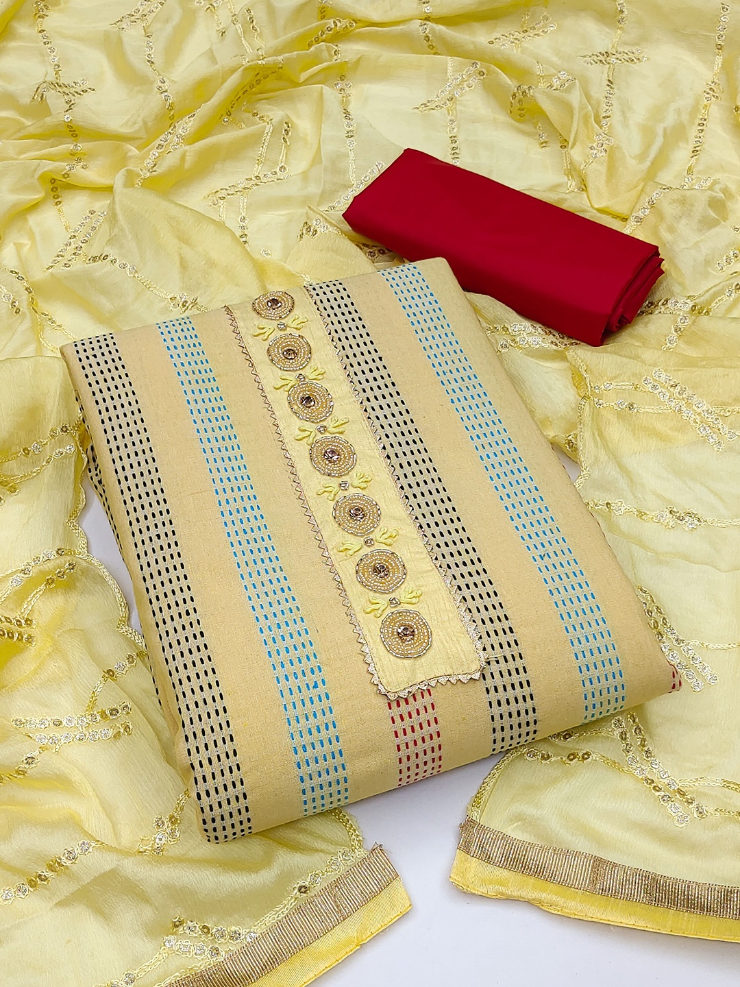 

KALINI Pure Cotton Floral Embroidered Unstitched Dress Material, Yellow