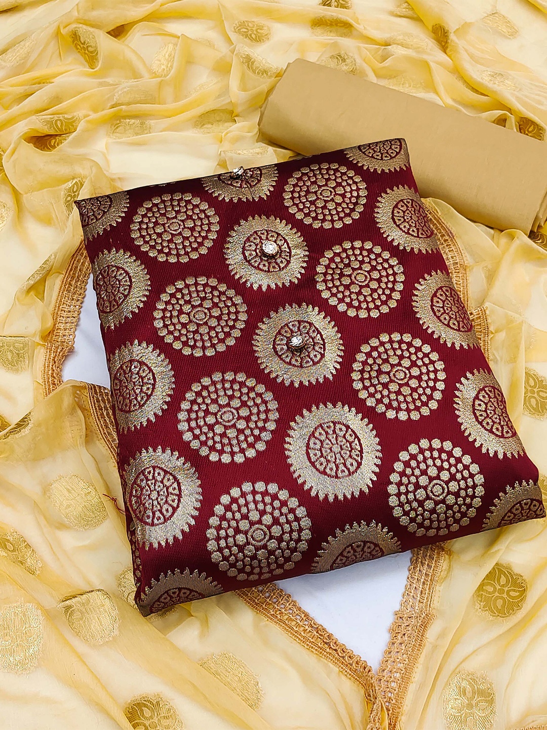 

KALINI Ethnic Motif Woven Design Jacquard Unstitched Dress Material, Maroon