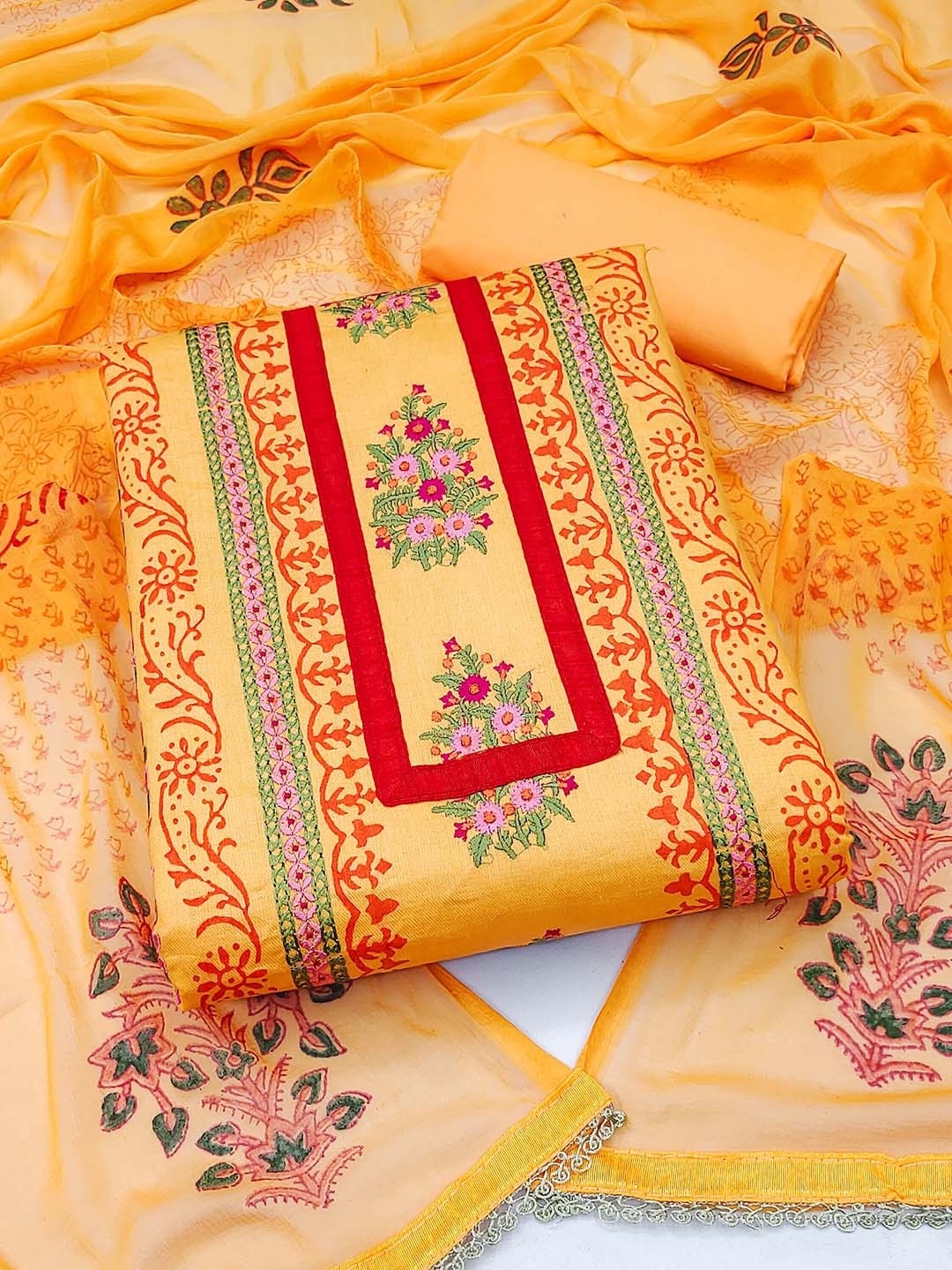 

KALINI Floral Embroidered Pure Cotton Unstitched Dress Material, Orange