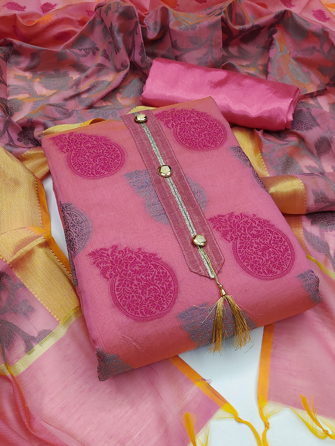 

KALINI Ethnic Motifs Woven Design Unstitched Dress Material, Pink