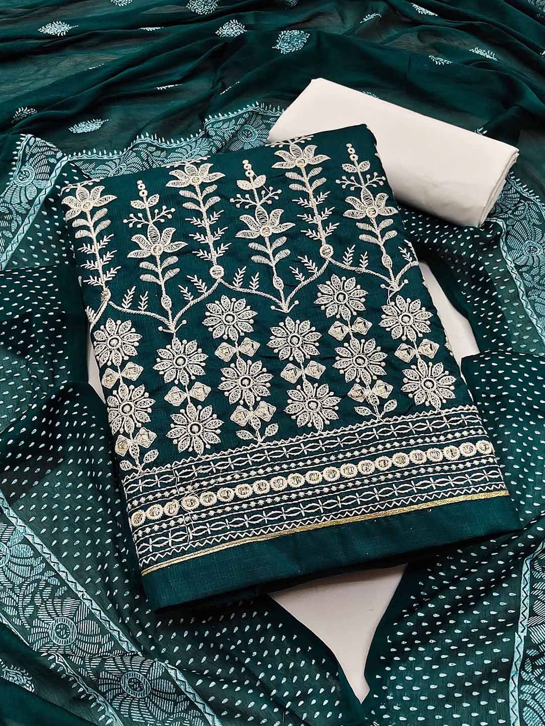 

KALINI Embroidered Pure Cotton Unstitched Dress Material, Green