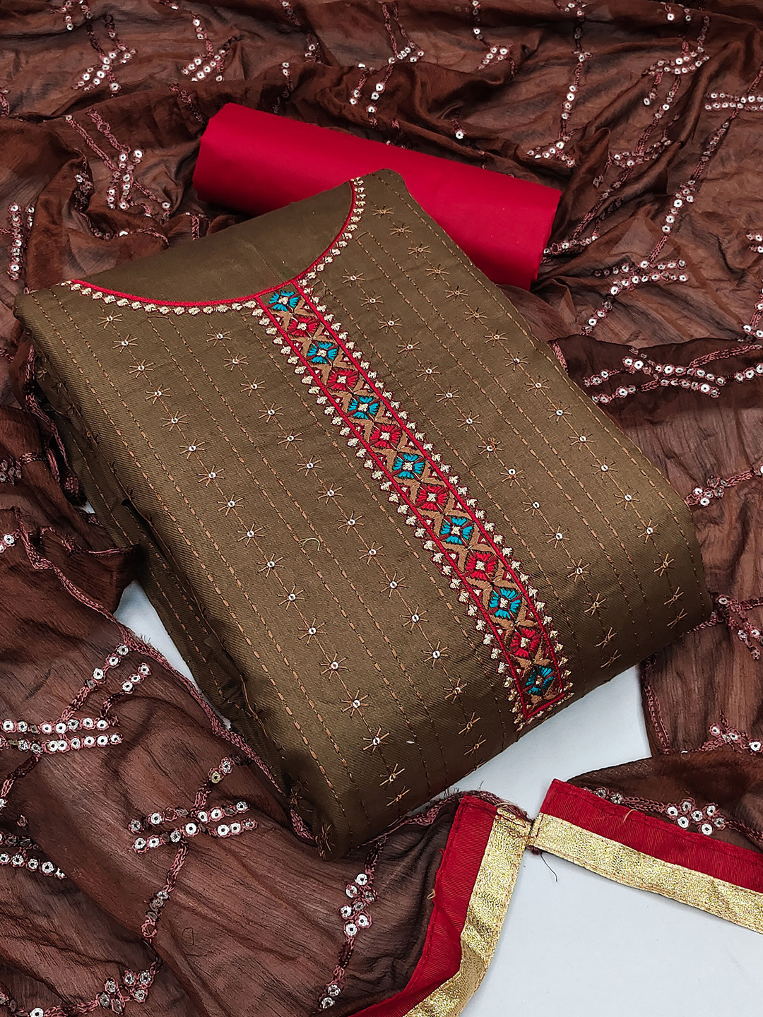 

KALINI Floral Embroidered Unstitched Dress Material, Brown