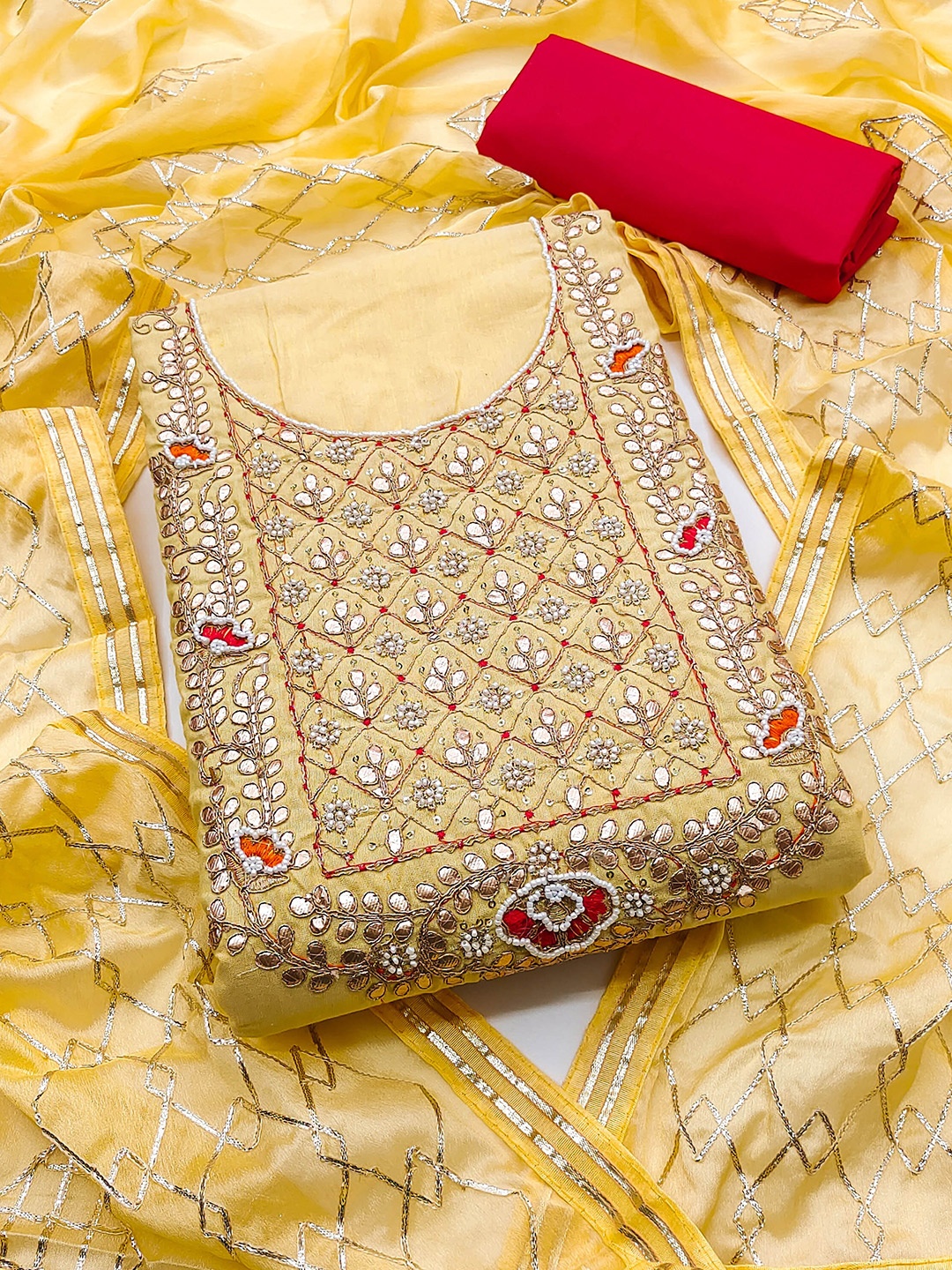 

KALINI Embroidered Unstitched Dress Material, Yellow