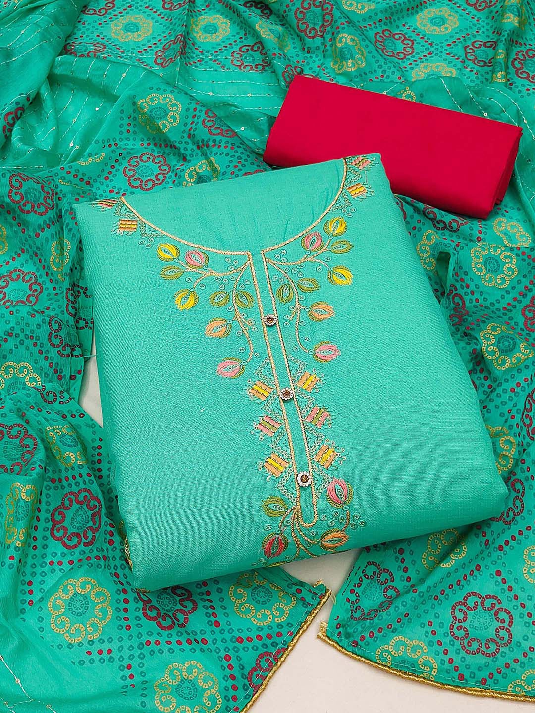 

KALINI Floral Embroidered Pure Cotton Unstitched Dress Material, Sea green