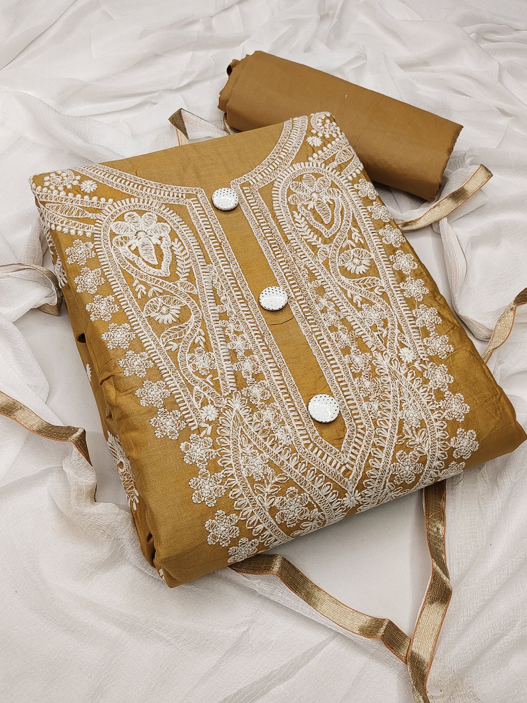 

KALINI Floral Embroidered Zari Unstitched Dress Material, Beige
