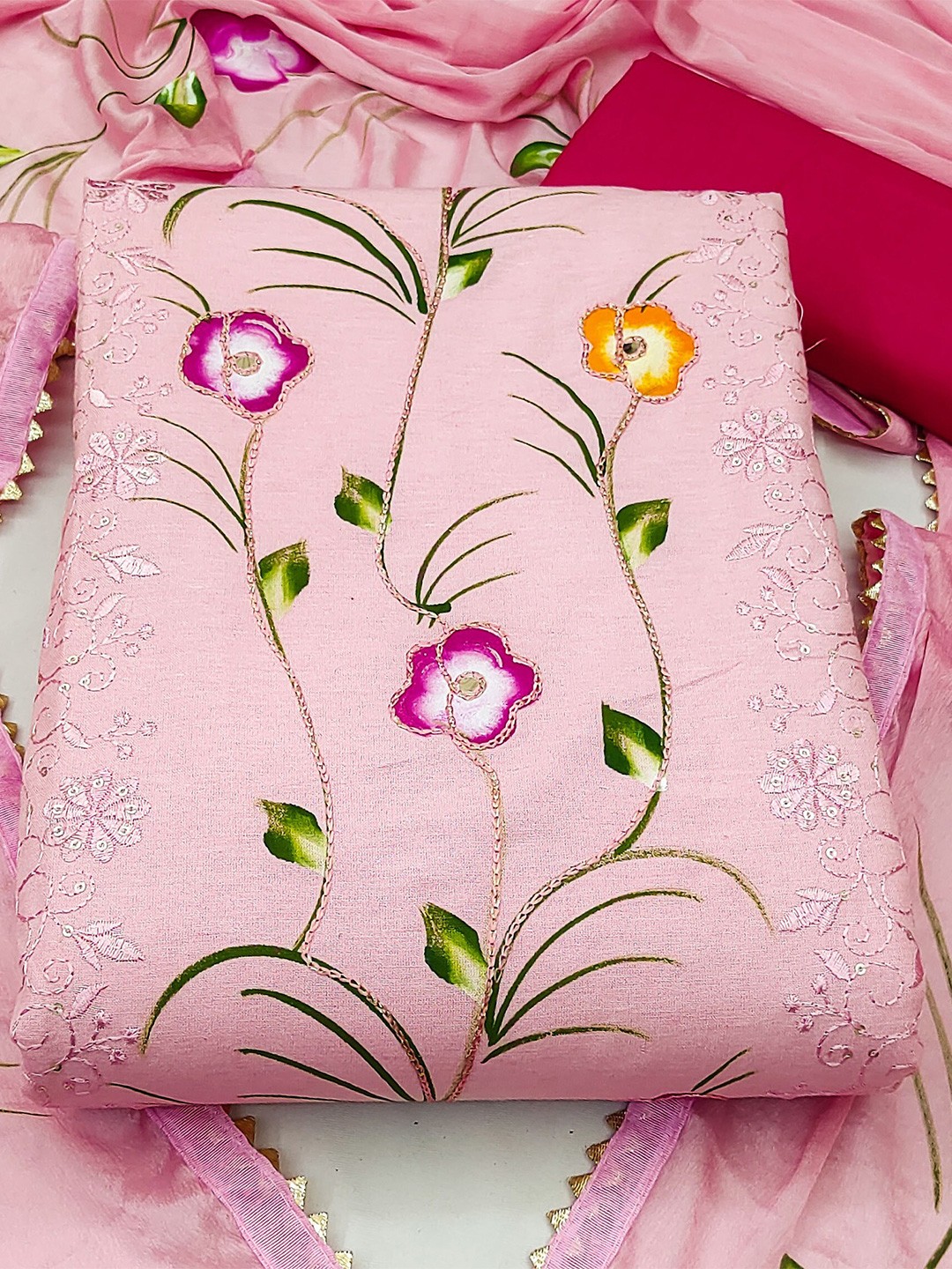 

KALINI Embroidered Unstitched Dress Material, Pink