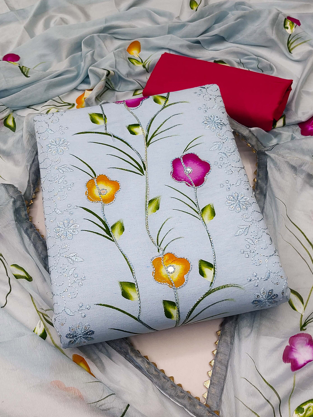 

KALINI Floral Embroidered Unstitched Dress Material, Grey