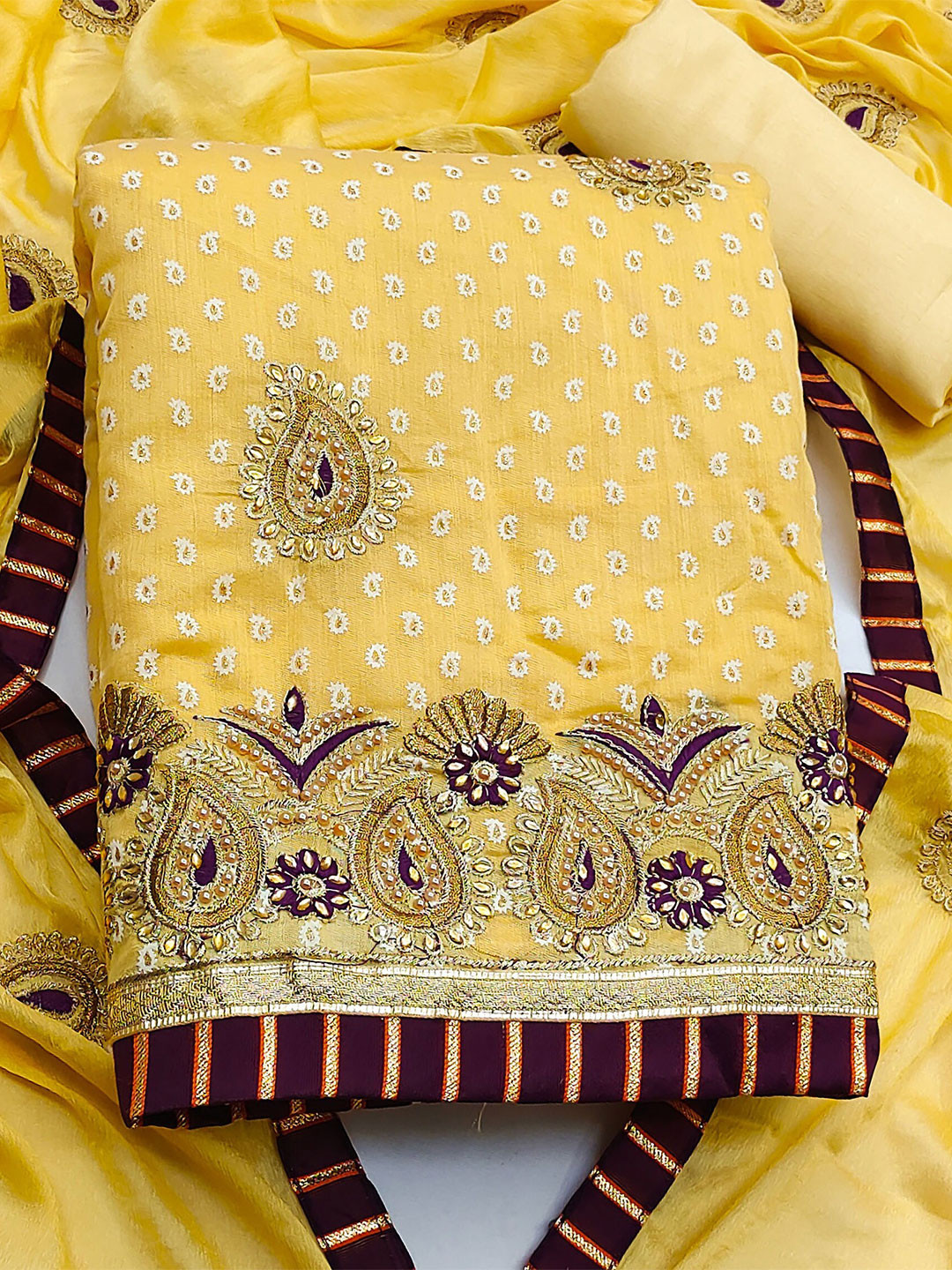 

KALINI Embroidered Pure Cotton Unstitched Dress Material, Yellow