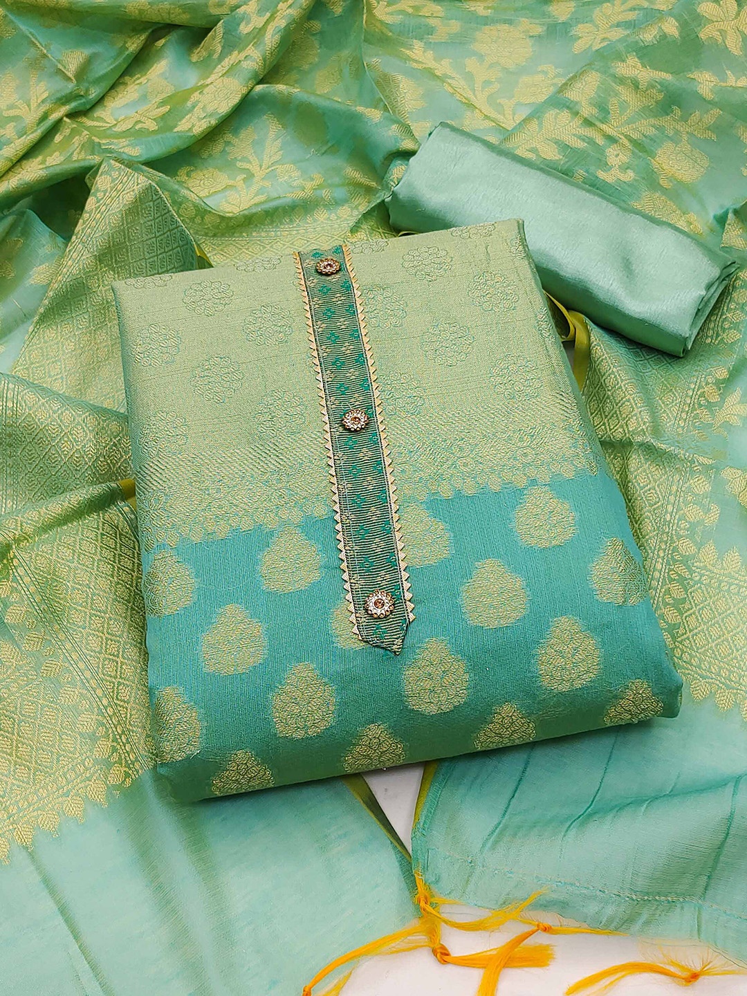 

KALINI Floral Woven Design Gotta Patti Unstitched Dress Material, Sea green