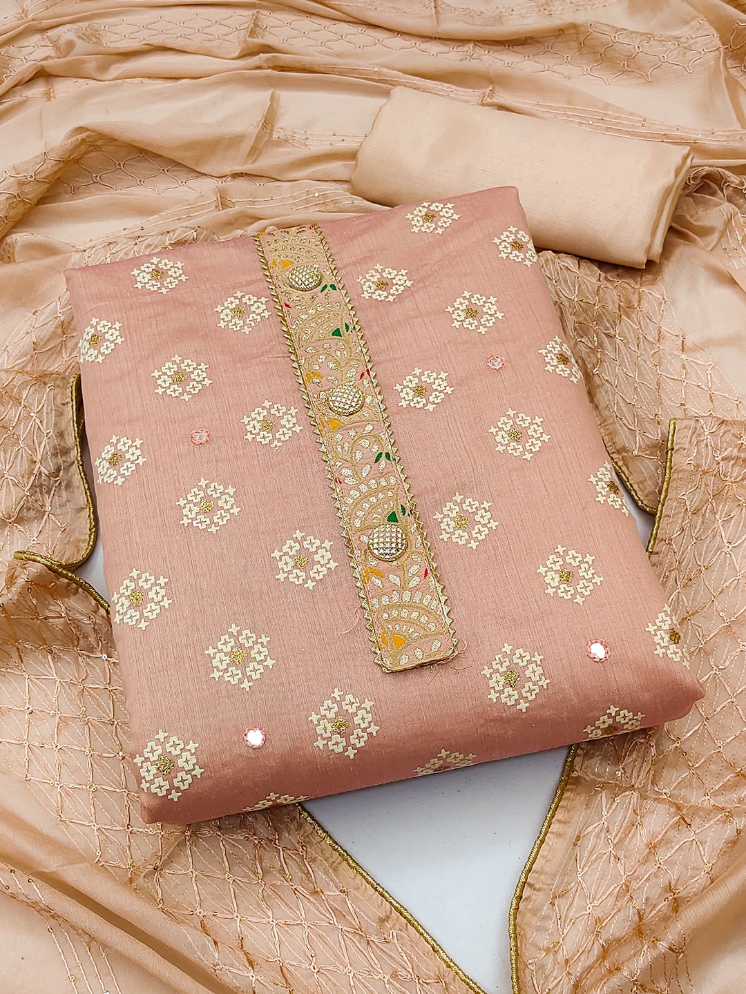 

KALINI Floral Embroidered Zari Unstitched Dress Material, Peach