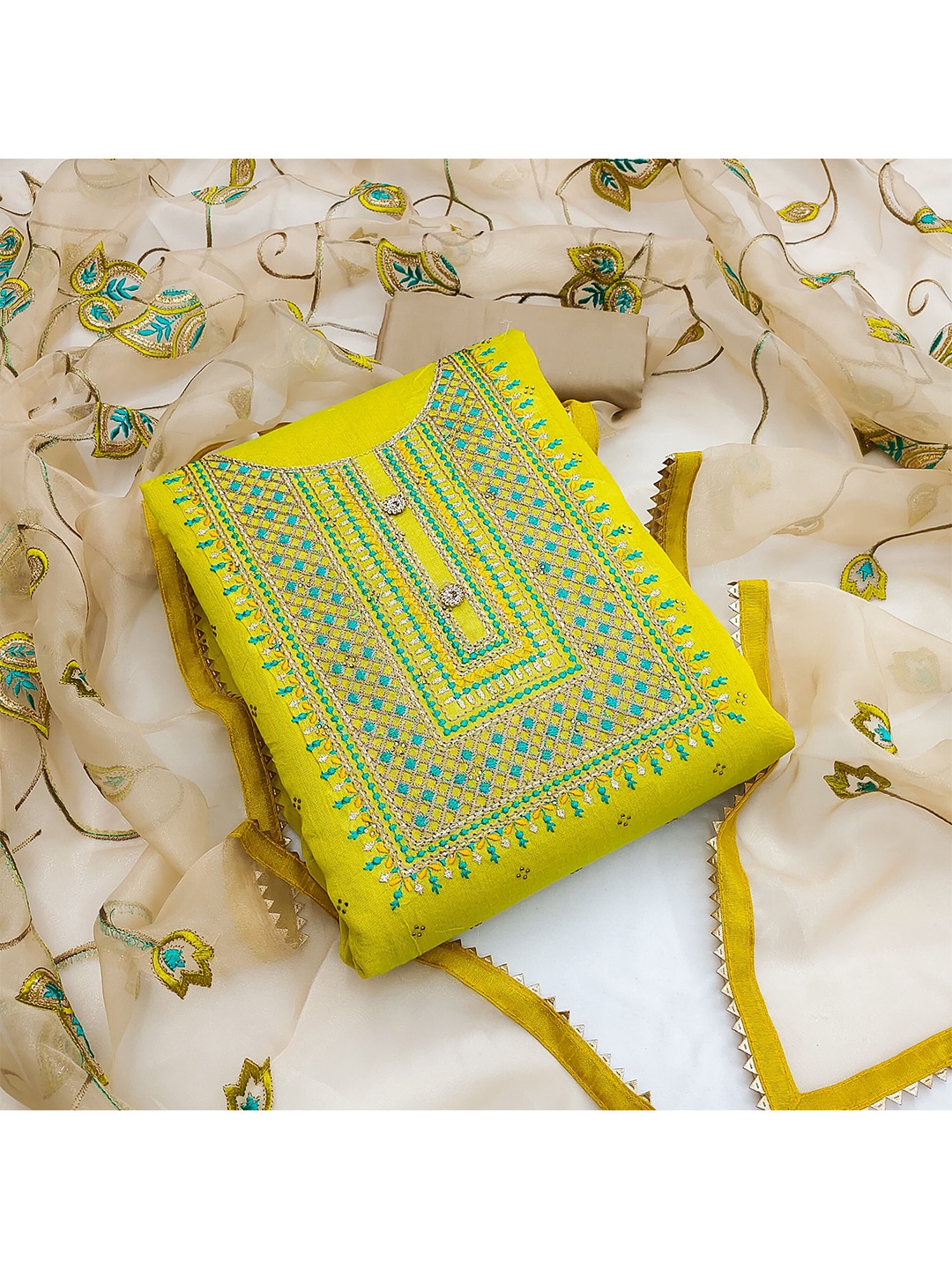 

KALINI Embroidered Unstitched Dress Material, Green
