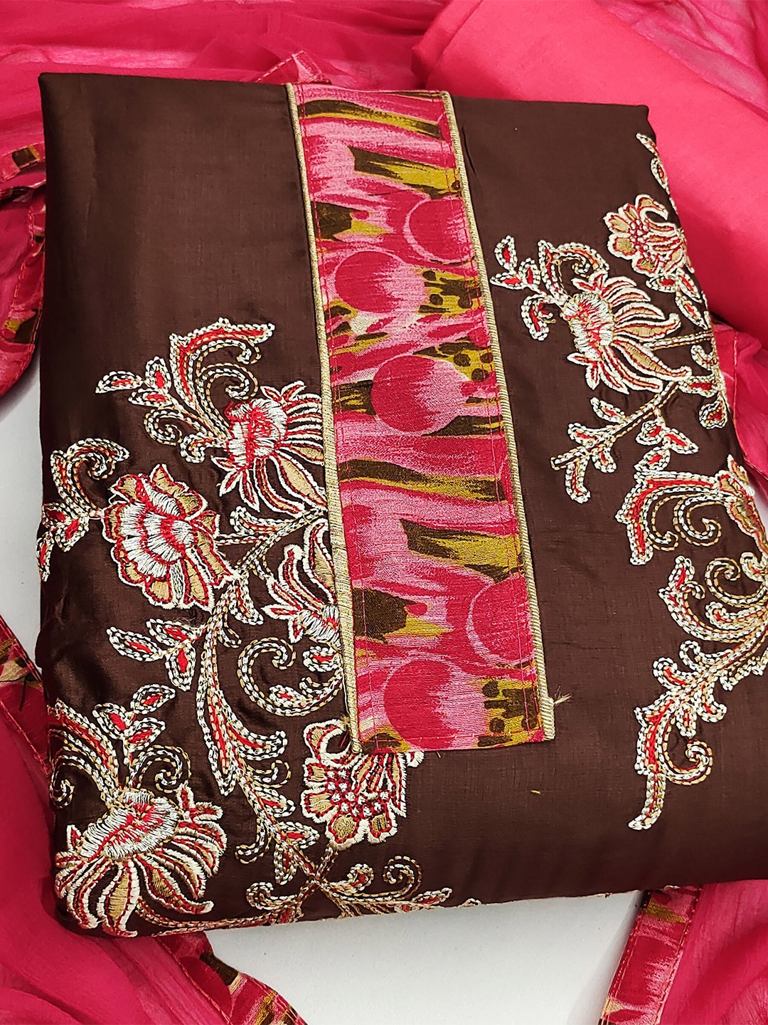 

KALINI Floral Embroidered Unstitched Dress Material, Brown