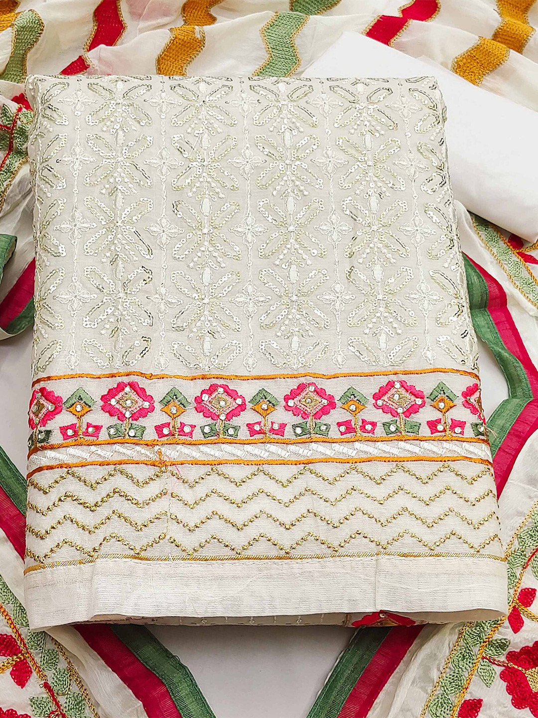 

KALINI Embroidered Unstitched Dress Material, White