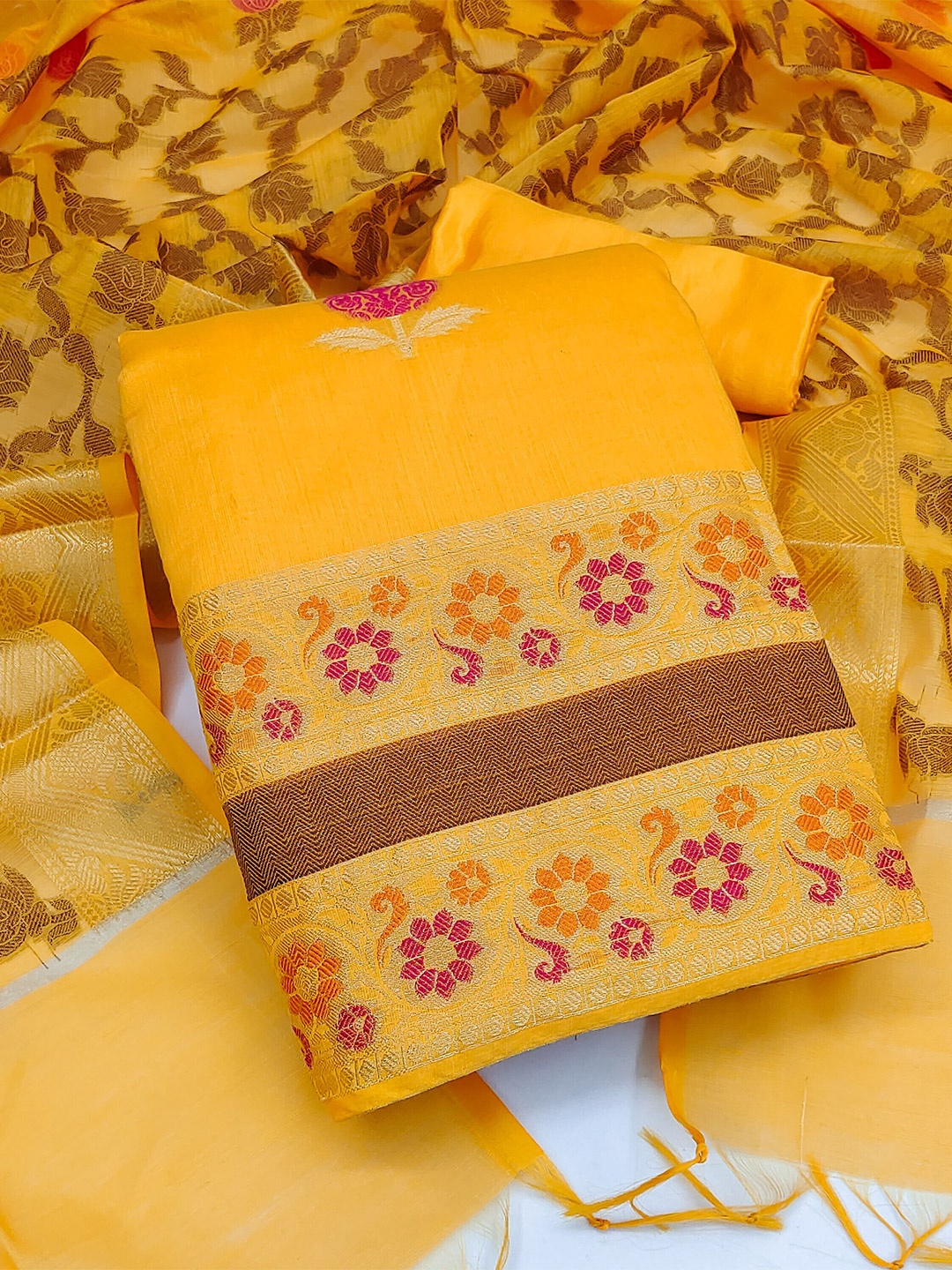 

KALINI Floral Printed Unstitched Dress Material With Dupatta, Yellow