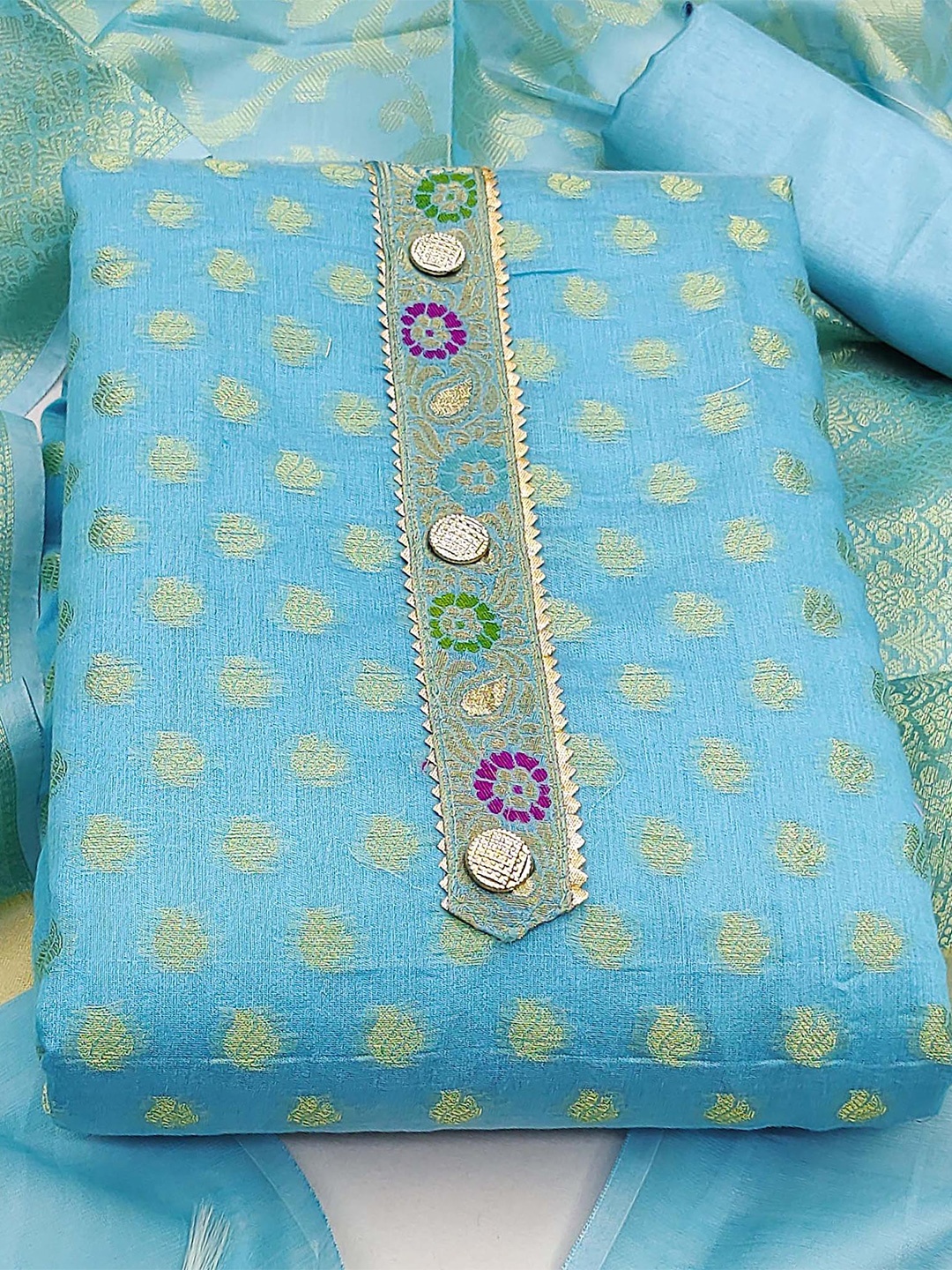 

KALINI Ethnic Woven Design Zari Unstitched Dress Material, Turquoise blue