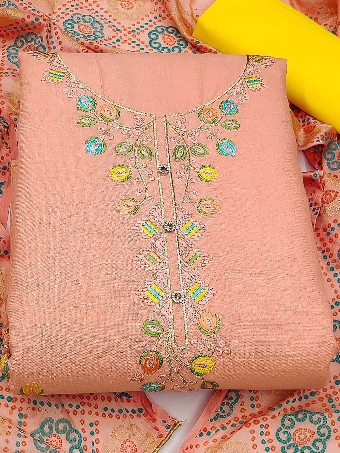 

KALINI Embroidered Pure Cotton Unstitched Dress Material, Peach
